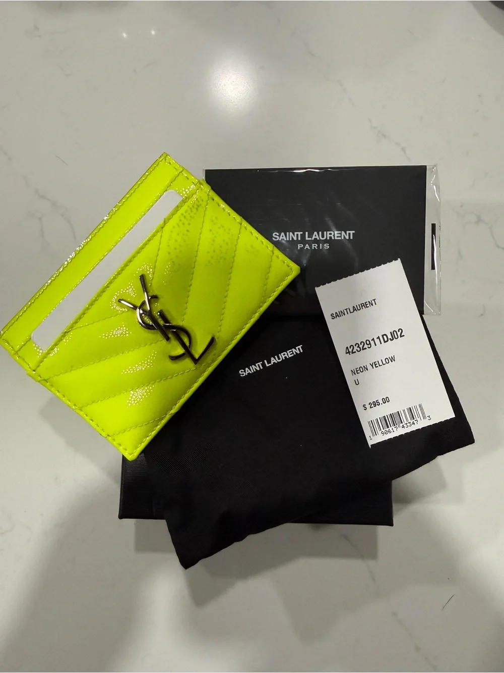Authentic Saint Laurent Neon Yellow Quilted Patent Card Case with YSL Logo